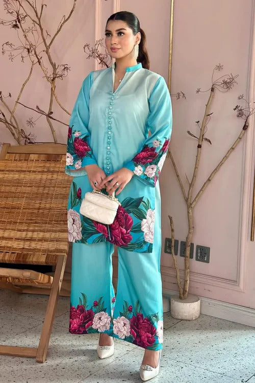 Digital Floral Printed Silk Co-Ord Set (2-Piece Shirt & Flapper)