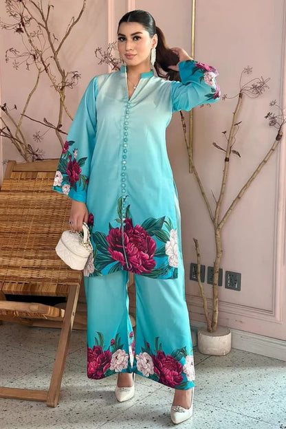 Digital Floral Printed Silk Co-Ord Set (2-Piece Shirt & Flapper)