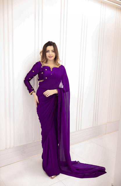 Premium Star Embroidered Silk Blouse & 7-Yard Chiffon Saree Set