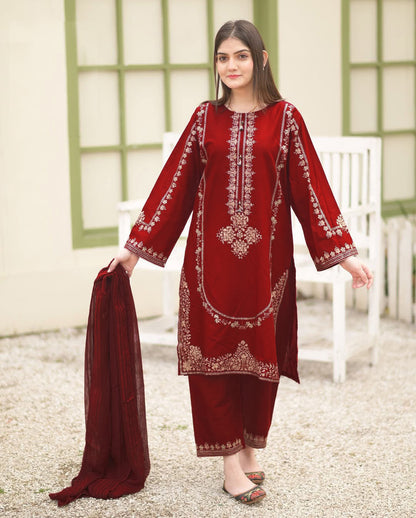 Luxury Round Sequence Embroidered Shamose Silk 3-Piece Suit