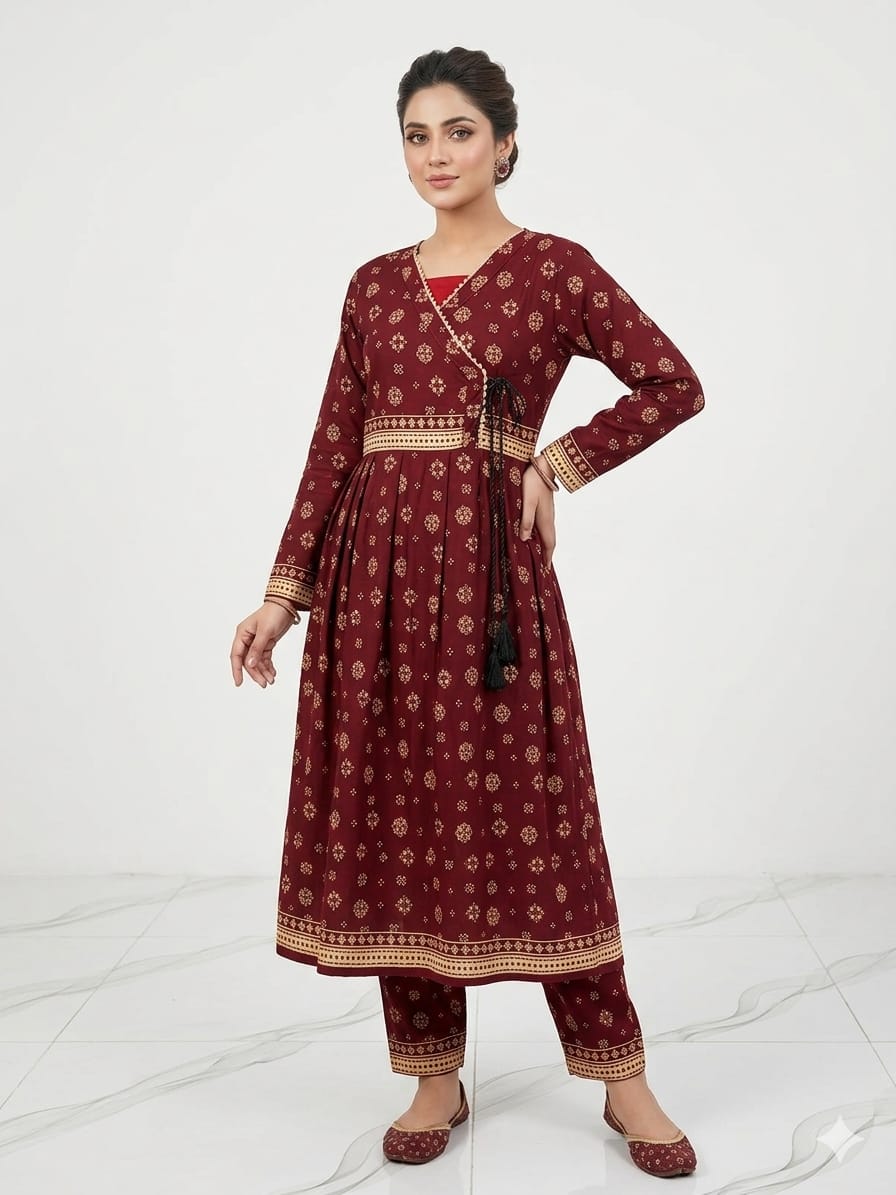 Premium Quality PC Cotton All-Over Printed Angrakha Frock & Flapper Set – 2-Piece