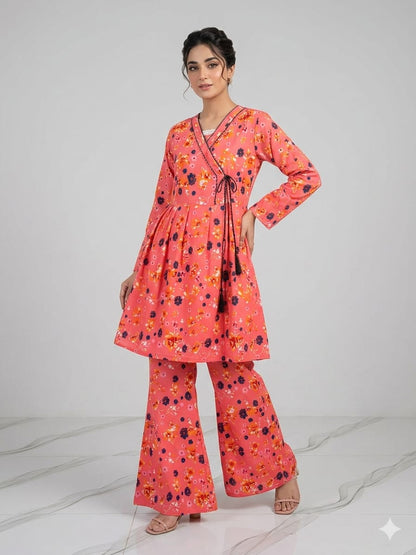 Premium Quality PC Cotton All-Over Printed Angrakha Frock & Flapper Set – 2-Piece