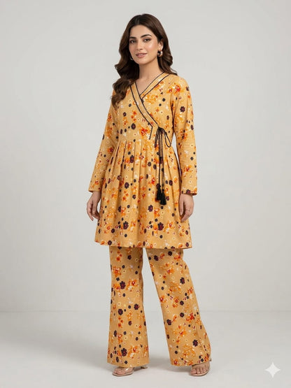 Premium Quality PC Cotton All-Over Printed Angrakha Frock & Flapper Set – 2-Piece