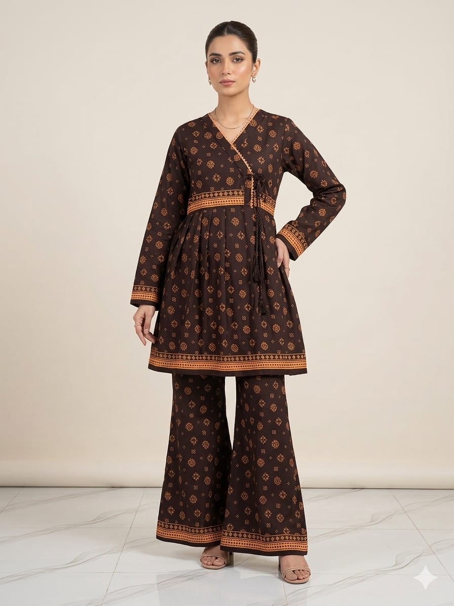 Premium Quality PC Cotton All-Over Printed Angrakha Frock & Flapper Set – 2-Piece