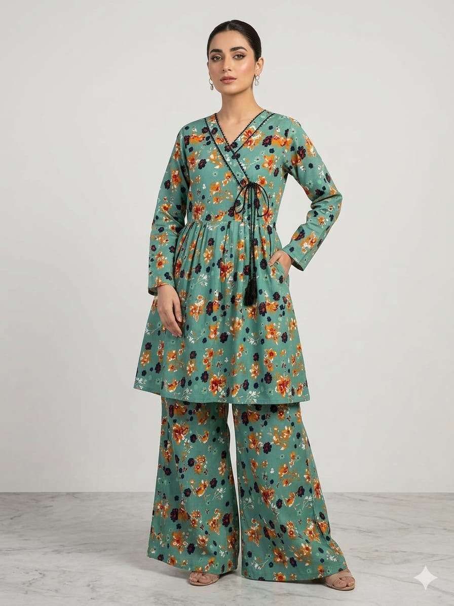 Premium Quality PC Cotton All-Over Printed Angrakha Frock & Flapper Set – 2-Piece