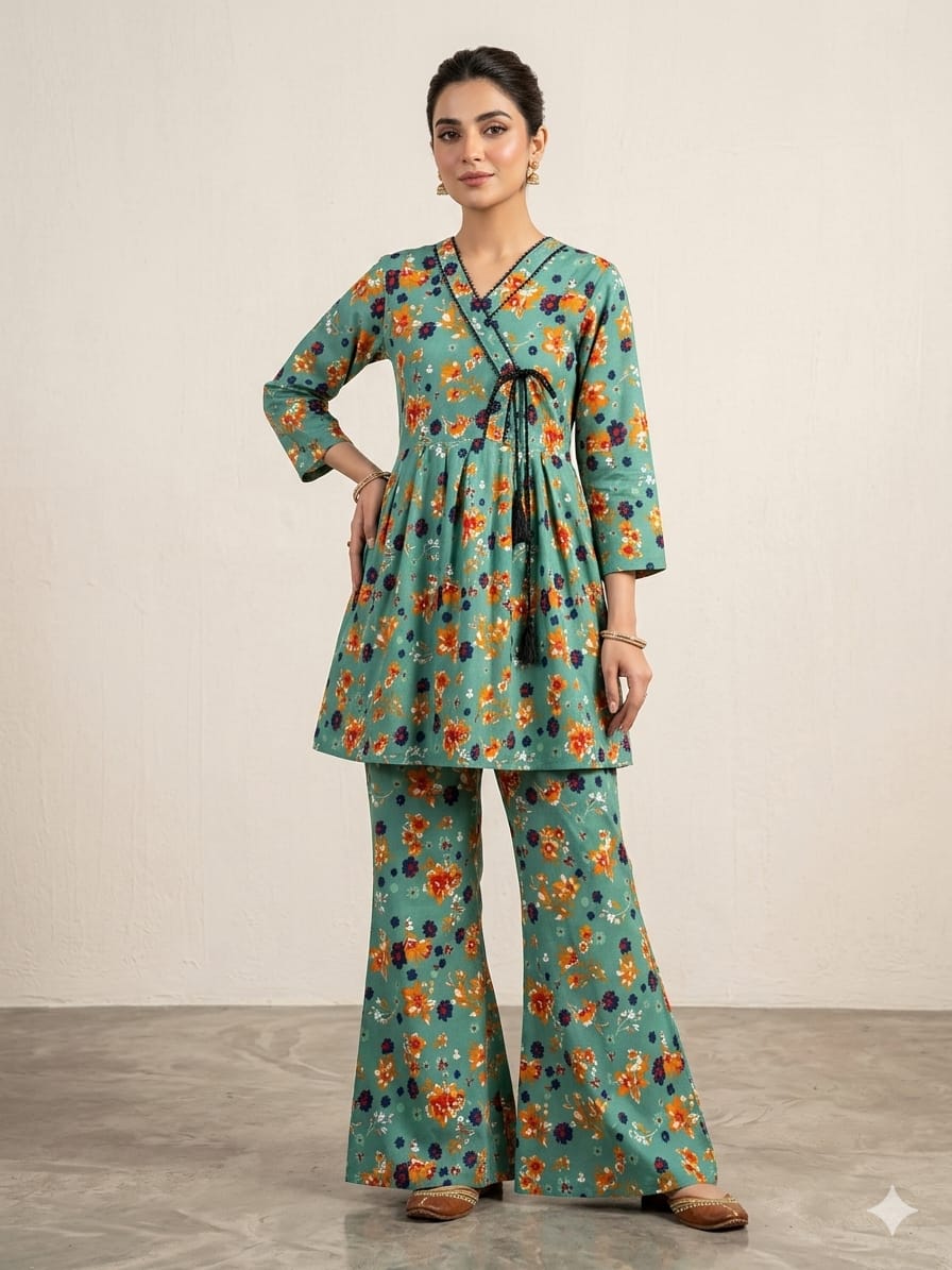 Premium Quality PC Cotton All-Over Printed Angrakha Frock & Flapper Set – 2-Piece