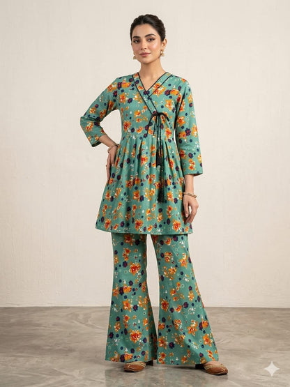 Premium Quality PC Cotton All-Over Printed Angrakha Frock & Flapper Set – 2-Piece