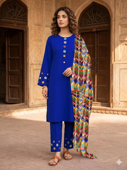 Most Trending Multi-Mirror 3-Piece Bareeza Cotton Suit with Zigzag Chiffon Dupatta