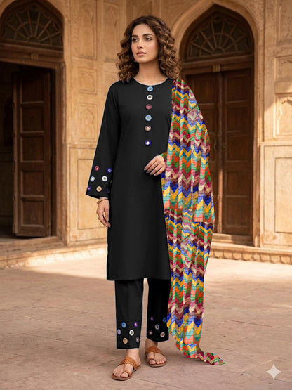 Most Trending Multi-Mirror 3-Piece Bareeza Cotton Suit with Zigzag Chiffon Dupatta