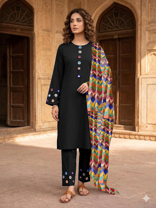 Most Trending Multi-Mirror 3-Piece Bareeza Cotton Suit with Zigzag Chiffon Dupatta