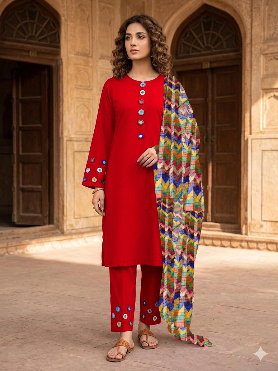 Most Trending Multi-Mirror 3-Piece Bareeza Cotton Suit with Zigzag Chiffon Dupatta
