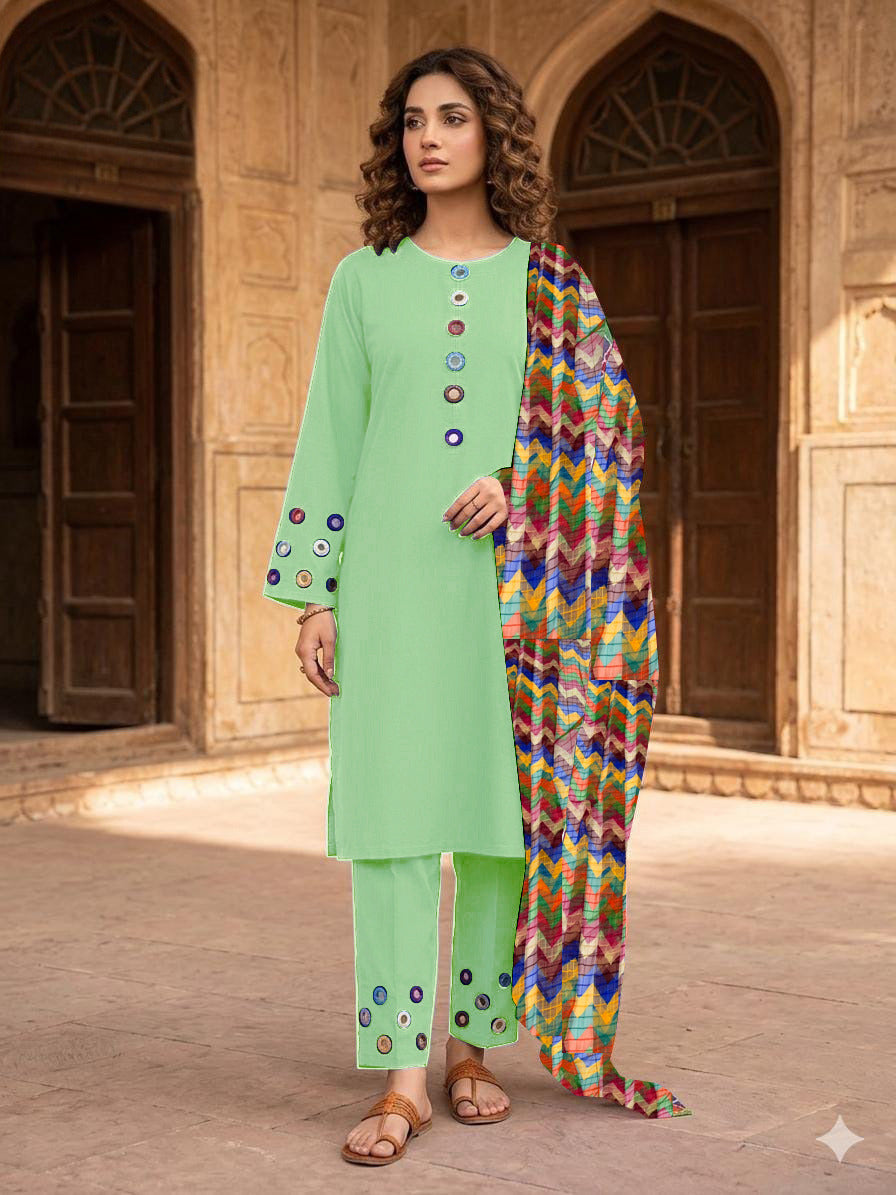 Most Trending Multi-Mirror 3-Piece Bareeza Cotton Suit with Zigzag Chiffon Dupatta