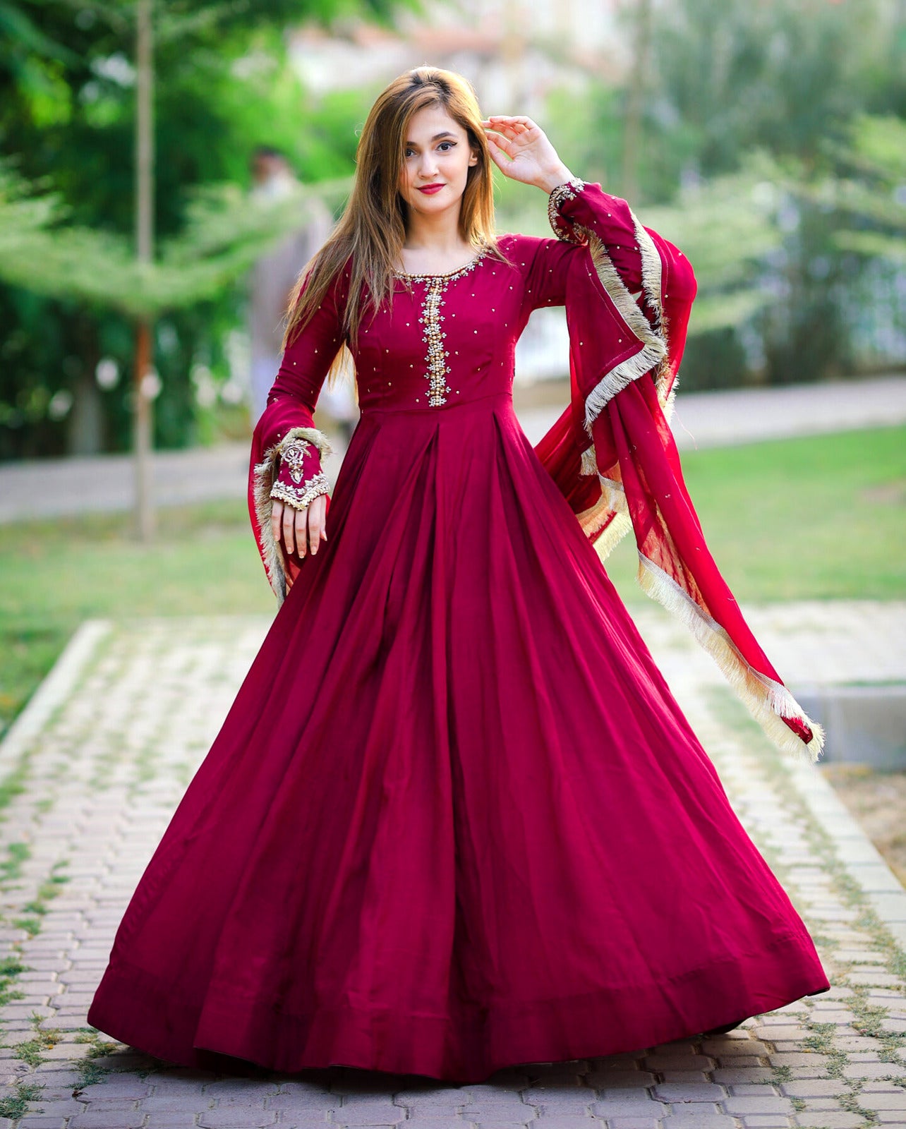 Elegant Kaya Work Embroidered Pure Chiffon Long Maxi 3-Piece Suit