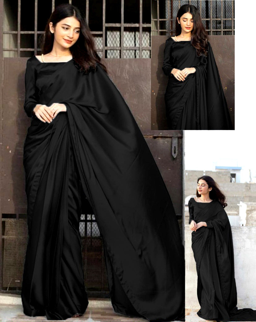 Premium Monochrome Imported Silk 7-Yard Stitched Saree Set
