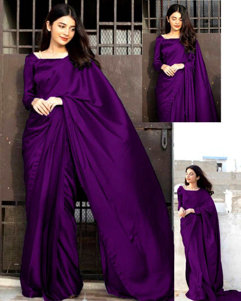 Premium Monochrome Imported Silk 7-Yard Stitched Saree Set