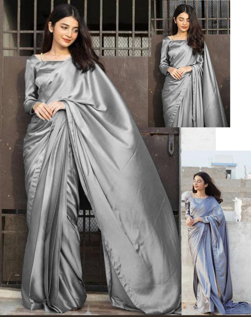Premium Monochrome Imported Silk 7-Yard Stitched Saree Set