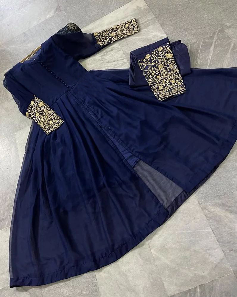 Premium Chiffon Flare Maxi with Embroidered Sleeves & Malai Crepe Trouser Set – 2-Piece