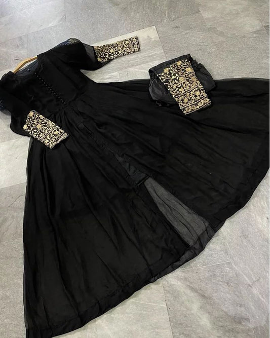 Premium Chiffon Flare Maxi with Embroidered Sleeves & Malai Crepe Trouser Set – 2-Piece
