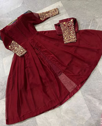 Premium Chiffon Flare Maxi with Embroidered Sleeves & Malai Crepe Trouser Set – 2-Piece