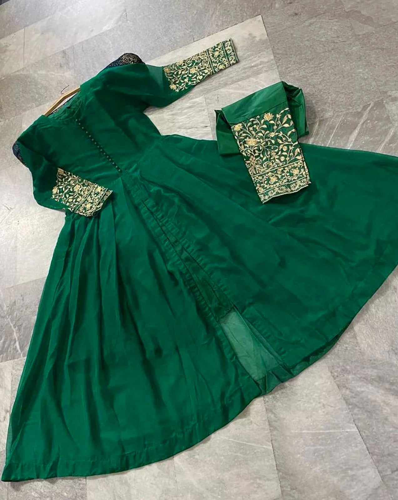 Premium Chiffon Flare Maxi with Embroidered Sleeves & Malai Crepe Trouser Set – 2-Piece