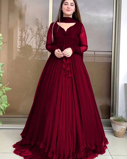 Premium Chiffon Long Flare Maxi with Two-Layer Border Lace Work & Plain Dupatta Set – 3-Piece
