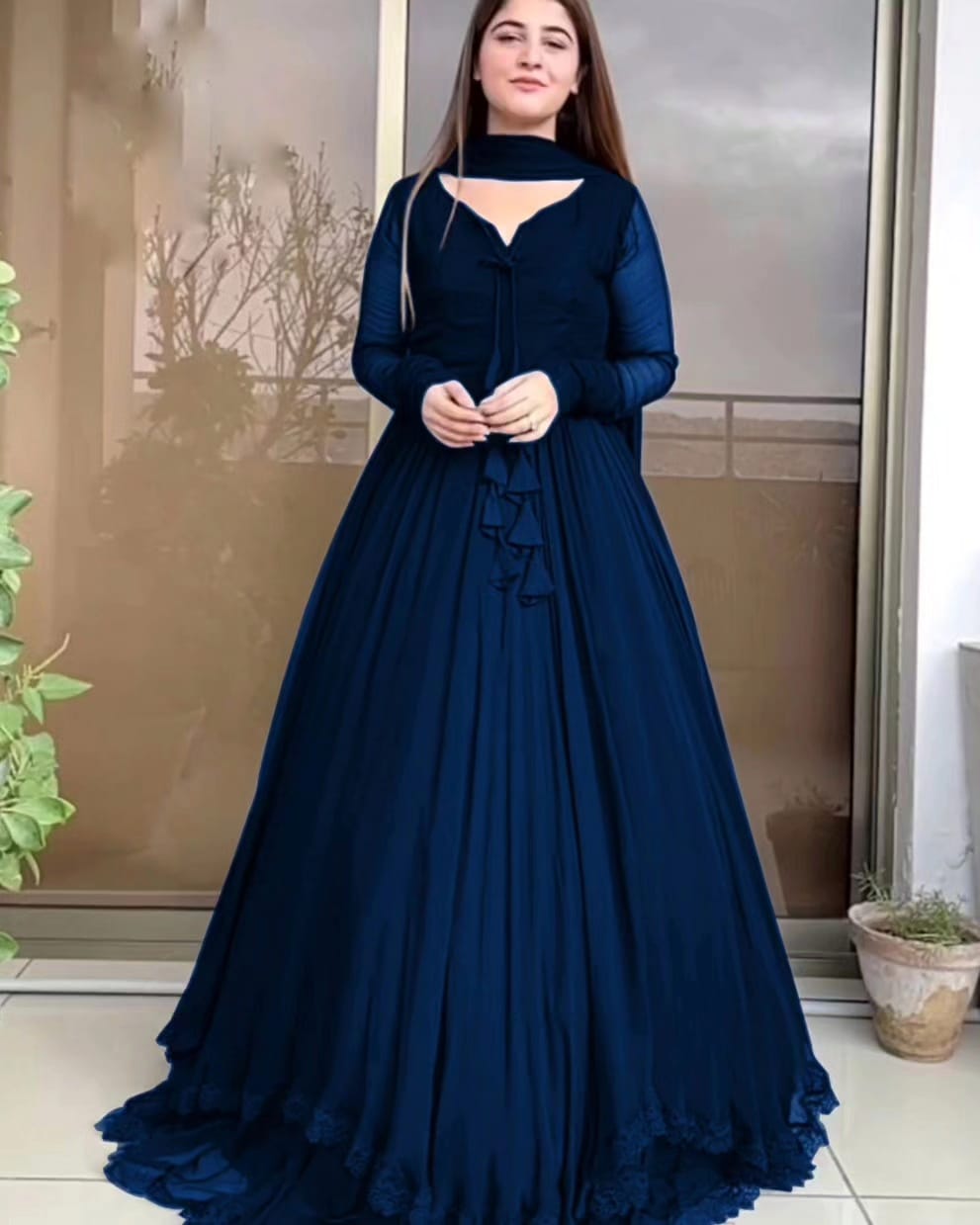Premium Chiffon Long Flare Maxi with Two-Layer Border Lace Work & Plain Dupatta Set – 3-Piece