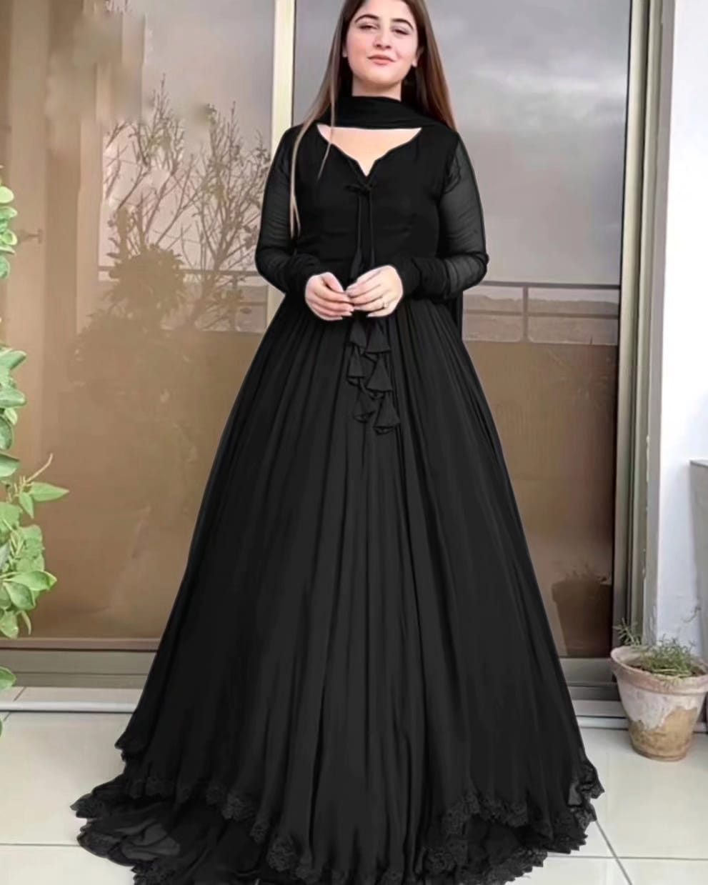 Premium Chiffon Long Flare Maxi with Two-Layer Border Lace Work & Plain Dupatta Set – 3-Piece