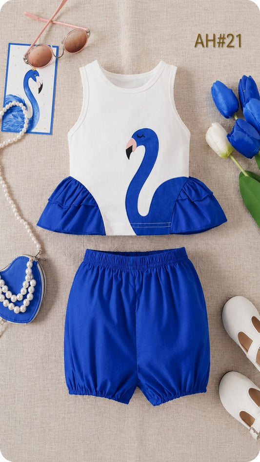 Kids Premium Soft Jersey Flamingo Ruffle Top & Shorts Summer Set – 2-Piece