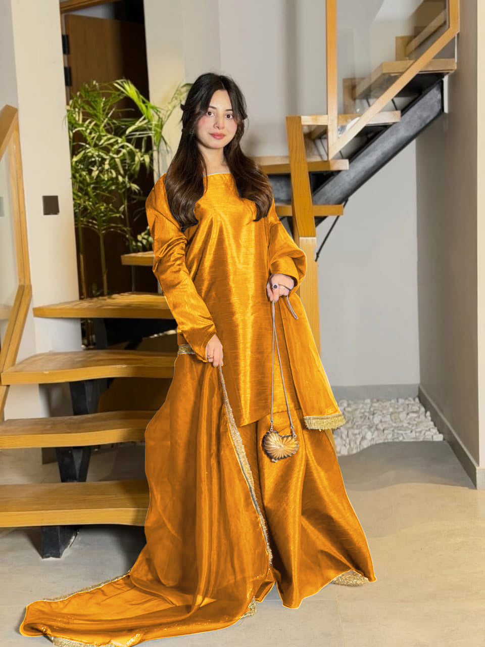 Premium China Silk Long Sleeves Shirt with Flared Sharara & Organza Lace Dupatta Set – 3-Piece