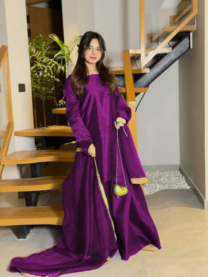 Premium China Silk Long Sleeves Shirt with Flared Sharara & Organza Lace Dupatta Set – 3-Piece
