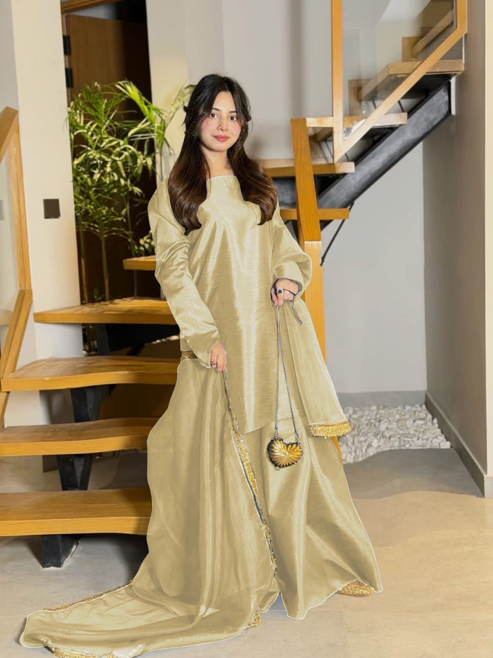 Premium China Silk Long Sleeves Shirt with Flared Sharara & Organza Lace Dupatta Set – 3-Piece