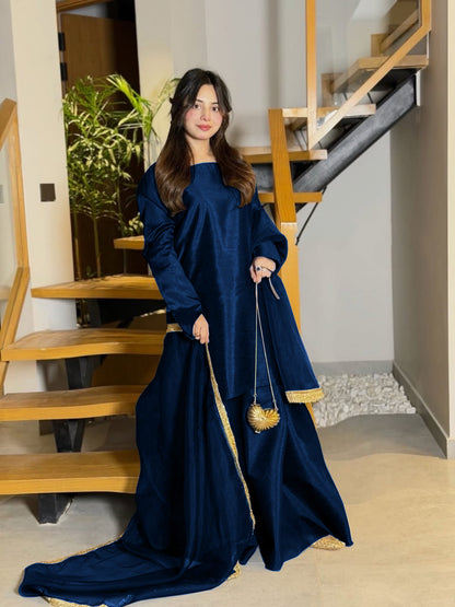 Premium China Silk Long Sleeves Shirt with Flared Sharara & Organza Lace Dupatta Set – 3-Piece