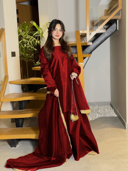 Premium China Silk Long Sleeves Shirt with Flared Sharara & Organza Lace Dupatta Set – 3-Piece