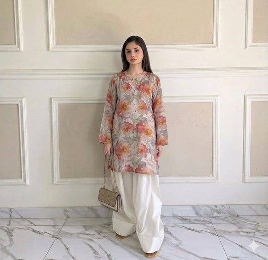 Premium Swiss Lawn Digital Printed Kurti with Classic Farshi Shalwar Set – 2-Piece