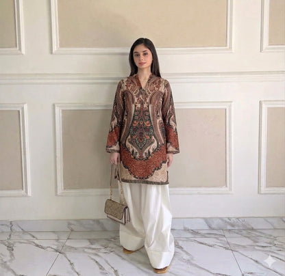 Premium Swiss Lawn Digital Printed Kurti with Classic Farshi Shalwar Set – 2-Piece