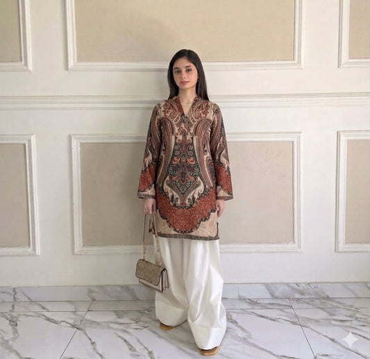 Premium Swiss Lawn Digital Printed Kurti with Classic Farshi Shalwar Set – 2-Piece