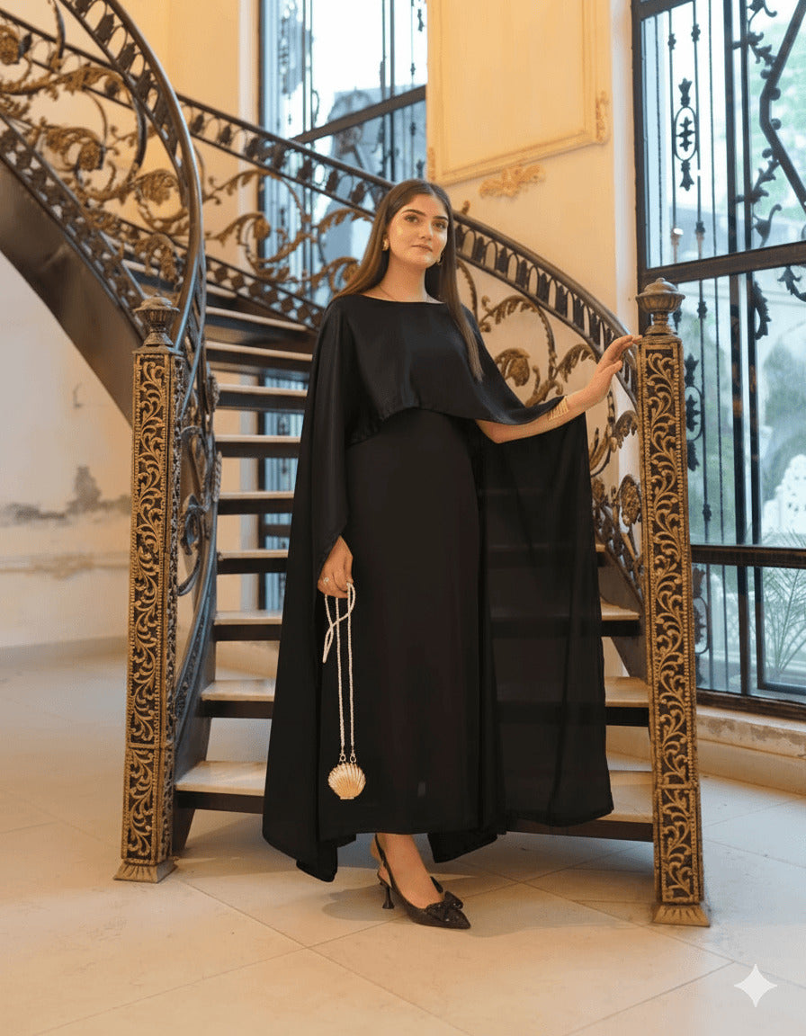 Two Tone Cape Shawl with Long Fitting Body Maxi & Dori (2-Piece Set)