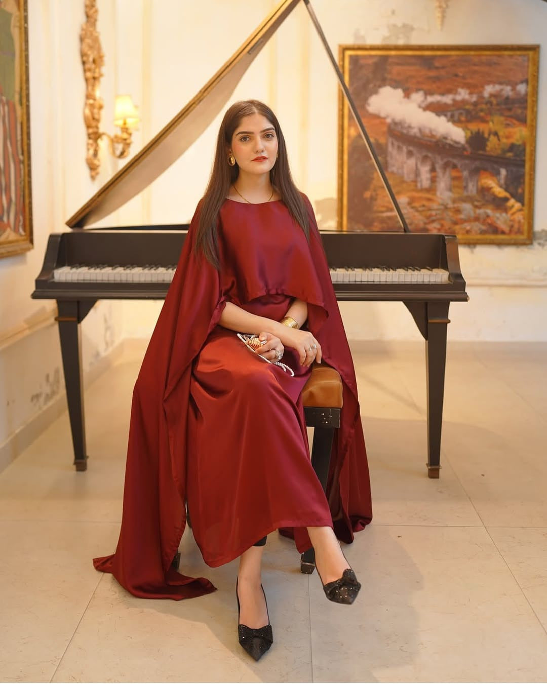Two Tone Cape Shawl with Long Fitting Body Maxi & Dori (2-Piece Set)