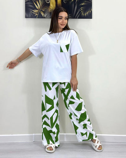 Women’s Polyester Dry-Fit Summer Track Suit | Geometric Wide-Leg Lounge Set