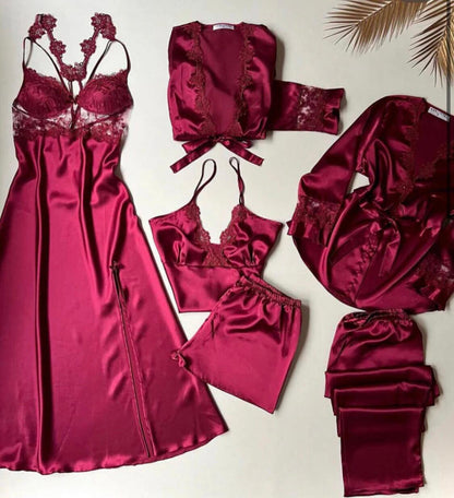 Women’s 6-Piece Luxury Satin Sleepwear Set - Lace Nighty, Robe, Cami & Pajamas