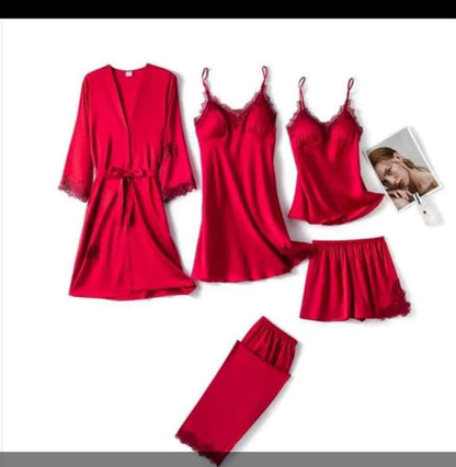 Luxurious 5-Piece Satin Silk Bridal Nightwear Set