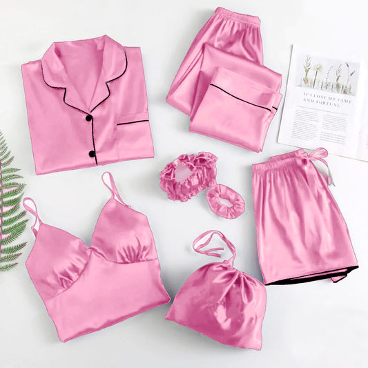 Premium 6-Piece Satin Silk Nightwear & Pajama Set