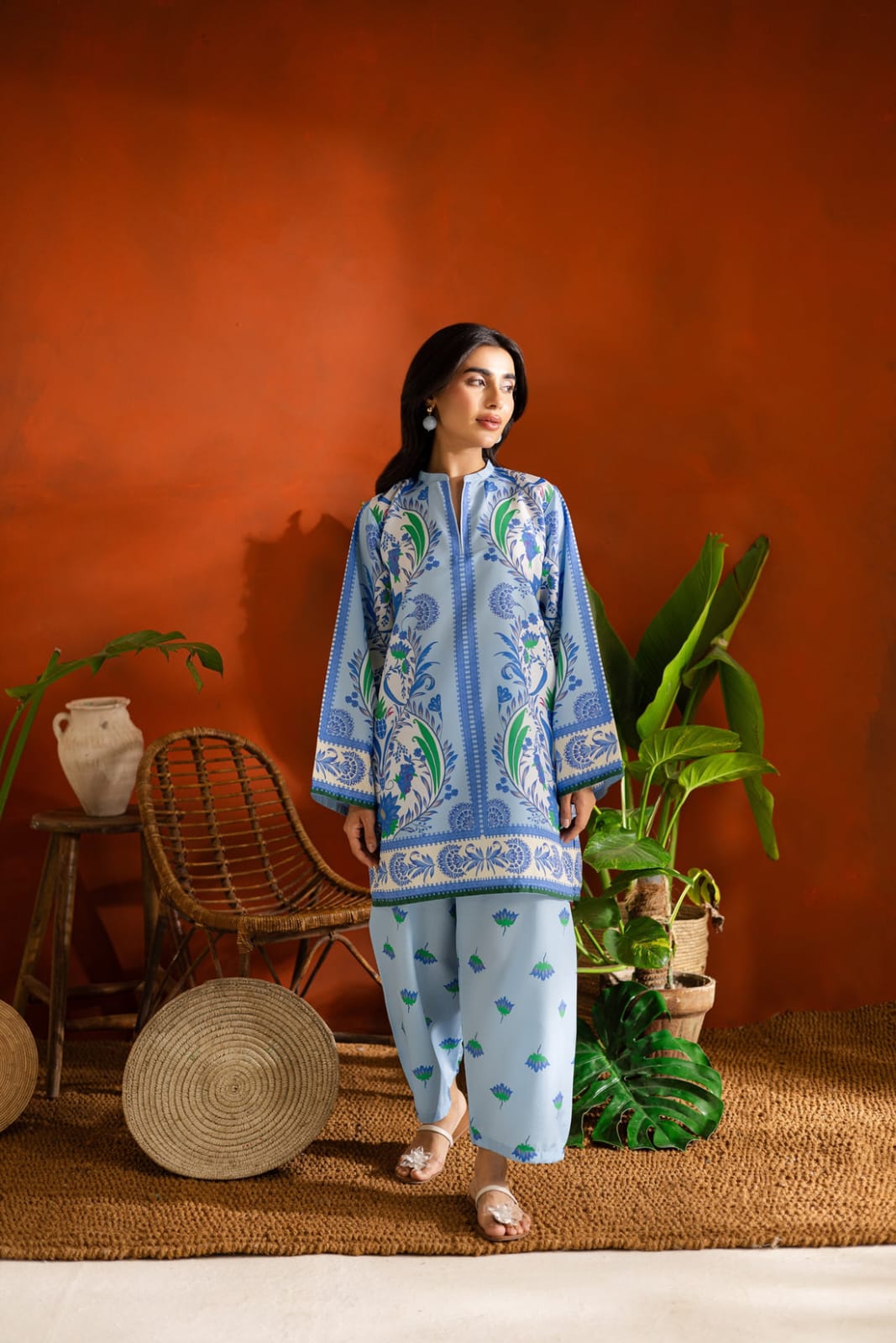 Sky Blue Porcelain Floral Printed 2-Piece Summer Suit