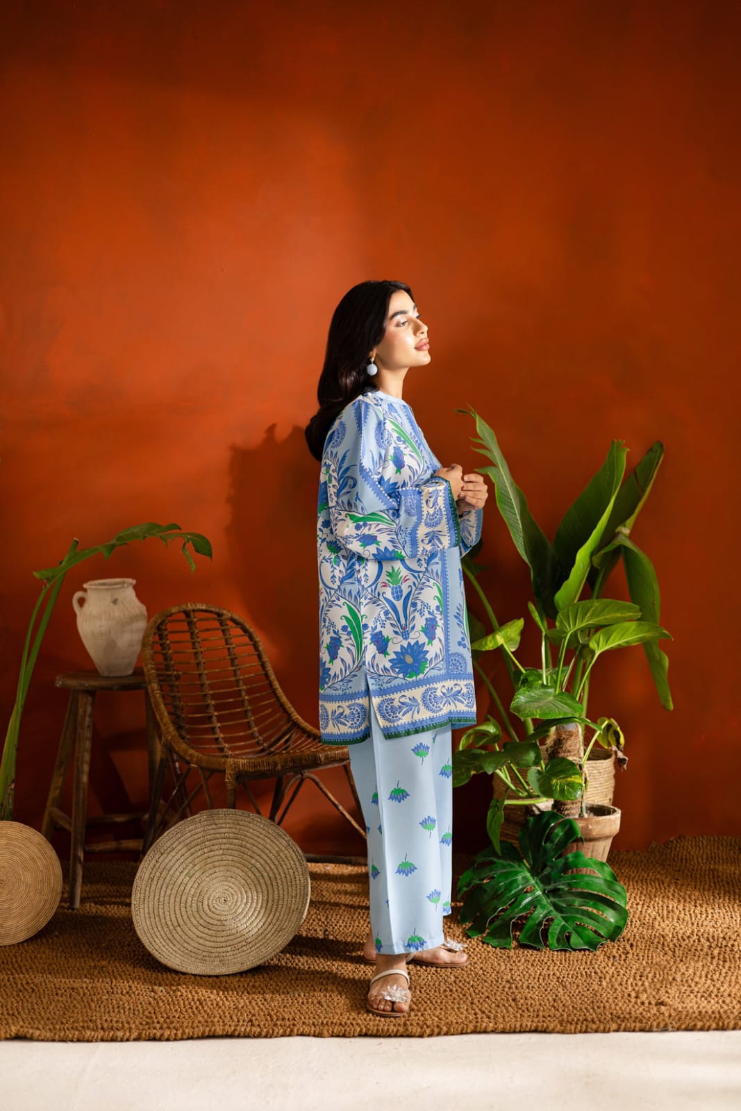 Sky Blue Porcelain Floral Printed 2-Piece Summer Suit
