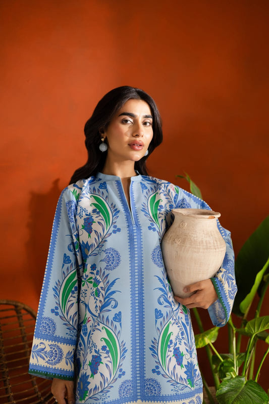 Sky Blue Porcelain Floral Printed 2-Piece Summer Suit