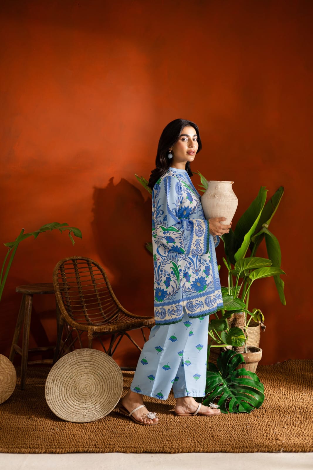 Sky Blue Porcelain Floral Printed 2-Piece Summer Suit