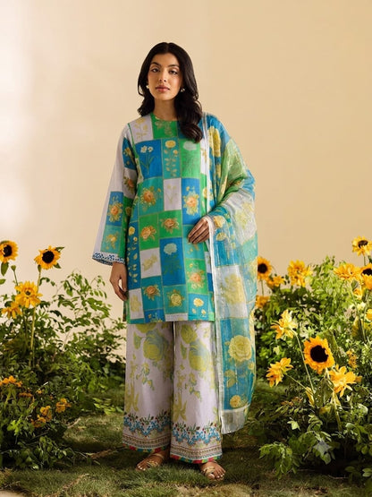 Premium Swiss Lawn 3-Piece Floral Printed Suit with Chiffon Dupatta – Blue & Green