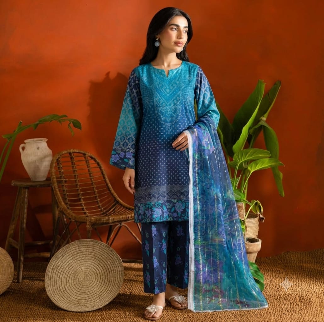 Premium Swiss Lawn 3-Piece Indigo & Turquoise Chunri Printed Suit with Dupatta