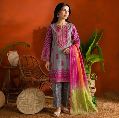 Premium Swiss Lawn 3-Piece Paisley Printed Suit with Tricolor Dupatta – Slate Gray & Magenta