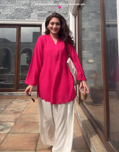 Fuchsia Solid Embroidered Tunic with Farshi Shalwar – 2 Piece